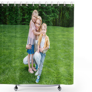 Personality  Happy Mother Hugging Adorable Kids And Smiling At Camera In Park Shower Curtains
