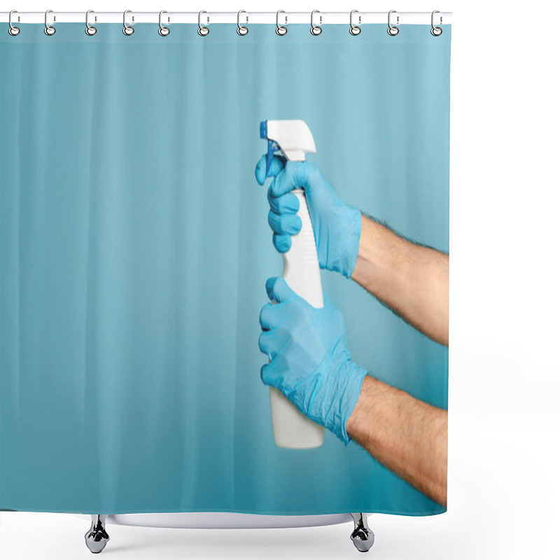 Personality  Cropped View Of Cleaner In Rubber Gloves Holding Spray Detergent On Blue Background Shower Curtains