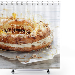 Personality  Cake Paris-Brest From The Custard Batter With Air Custard, Praline And Nuts In Caramel. French Dessert. Pastry. Shower Curtains