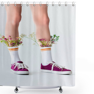 Personality  Partial View Of Female Legs With Beautiful Flowers In Socks Isolated On Grey Shower Curtains