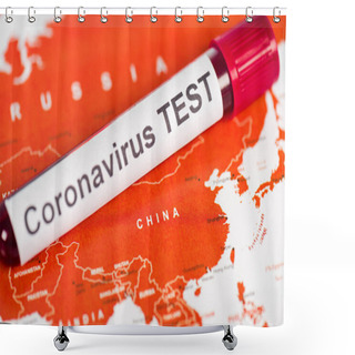 Personality  Close Up Of Sample With Coronavirus Test Lettering On Map  Shower Curtains