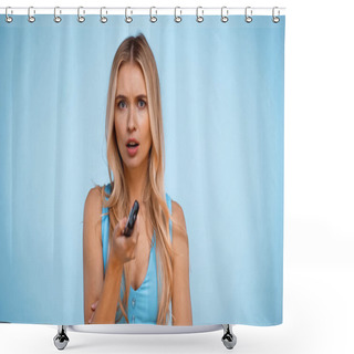 Personality  Worried Blonde Woman Holding Remote Controller Isolated On Blue  Shower Curtains
