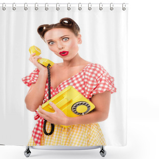 Personality  Surprised Pin Up Girl Talking On Vintage Yellow Phone Shower Curtains