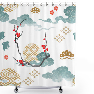 Personality  Japanese Seamless Pattern With Abstract Art Elements Vector. Asian Background With Oriental Decoration Such As Hand Drawn Bamboo Tree, Cherry Blossom Flower, Cloud Icon In Vintage Style.  Shower Curtains