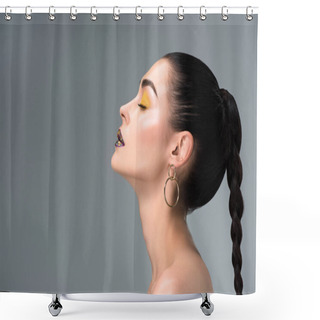 Personality  Side View Of Girl With Stylish Makeup And Closed Eyes Isolated On Grey  Shower Curtains