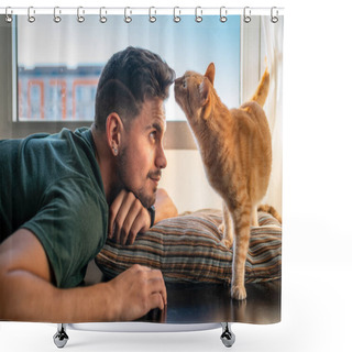 Personality  Tabby Cat Sniffs The Forehead Of A Young Man In Front Of The Window Shower Curtains