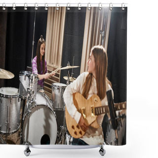 Personality  Focus On Pretty Brunette Teenage Girl Playing Drums Next To Her Blurred Friend Playing Guitar Shower Curtains