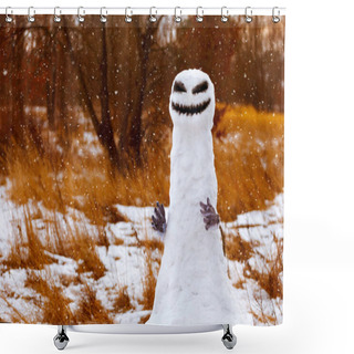 Personality  Scary Snowman As A Monster On A Background Of Yellow Grass. Halloween Shower Curtains