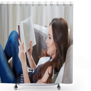 Personality  Young Woman Read Book Relaxing On Sofa Shower Curtains