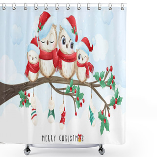 Personality  Cute Doodle Owl For Christmas Day With Watercolor Illustration Shower Curtains