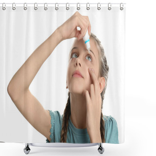 Personality  Adorable Little Girl Using Eye Drops On White Background Shower Curtains