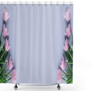 Personality  Pink Tulips Flowers On Blue Background. Waiting For Spring. Greeting Card Or Wedding Invitation. Flat Lay, Top View, Copy Space Shower Curtains