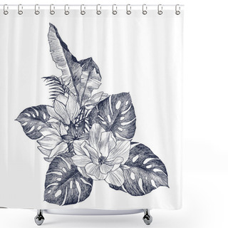 Personality  Hand Drawn Flowers And Leaves Of Tropical Plants Palm. Exotic Object Floral Illustration Isolated On White Background. High Detailed Botanical Illustration. Magnolia, Monstera Shower Curtains