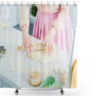 Personality  Cropped Image Of Woman Rolling Dough With Rolling Pin In Kitchen Shower Curtains