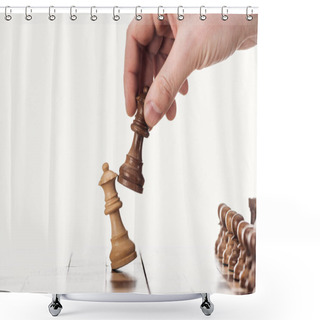 Personality  Partial View Of Man Holding Brown Queen Near Beige Queen On Wooden Chessboard Isolated On White Shower Curtains