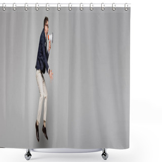 Personality  Full Length Of Businessman Jumping And Screaming In Megaphone On Grey, Banner Shower Curtains
