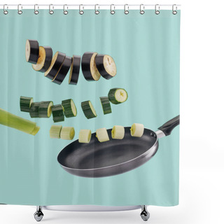 Personality  Sliced Healthy Organic Vegetables And Pan Isolated On Turquoise  Shower Curtains