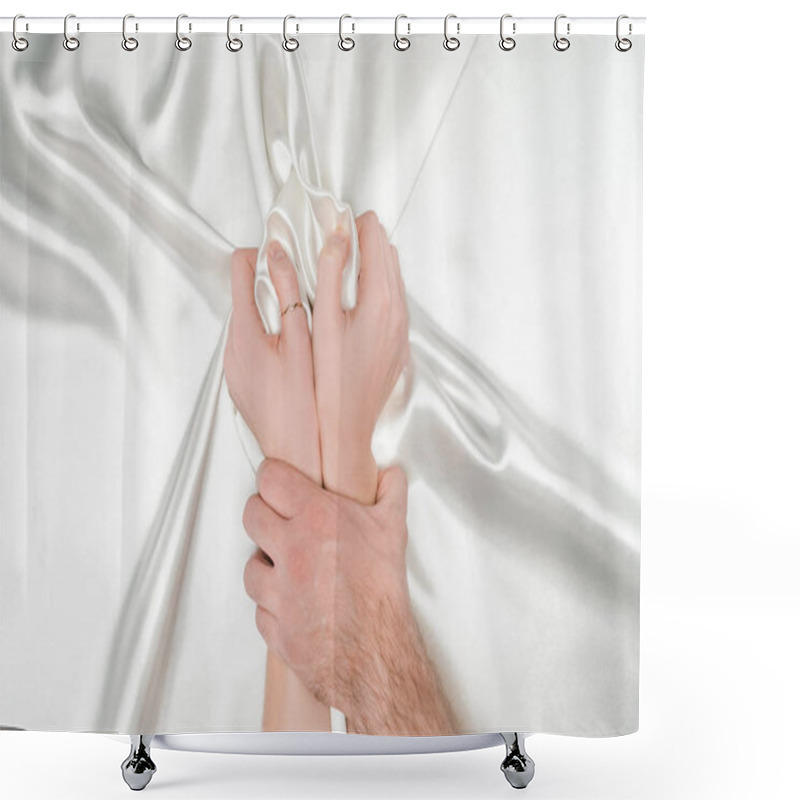 Personality  Male Hand Tightly Holding Female Hands On Silk White Cloth Shower Curtains