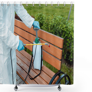 Personality  Cropped View Of Specialist In Hazmat Suit And Respirator Disinfecting Bench In Park During Coronavirus Pandemic Shower Curtains