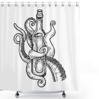 Personality  Octopus Tentacles With Message In Bottle Sketch Engraving Vector Illustration. Scratch Board Style Imitation. Black And White Hand Drawn Image. Shower Curtains
