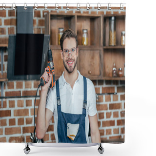 Personality  Young Repairman In Protective Workwear Holding Electric Drill And Smiling At Camera Shower Curtains