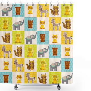 Personality  Set Of Funny Animals Bear Cat Raccoon Zebra Tiger Elephant Seamless Pattern. Polka Dot Background With Green Blue Orange Square. Vector Shower Curtains