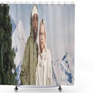 Personality  Stylish Multiethnic Couple Posing Under Falling Snow And Looking At Camera, Winter Concept, Banner Shower Curtains