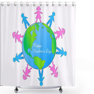 Personality  Illustration Of Kids Around Globe And Happy Childrens Day Lettering On White Shower Curtains