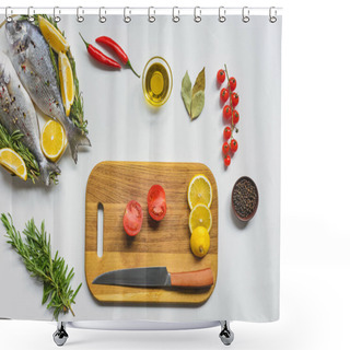Personality  Top View Of Uncooked Fish And Various Ingredients On White Table Shower Curtains