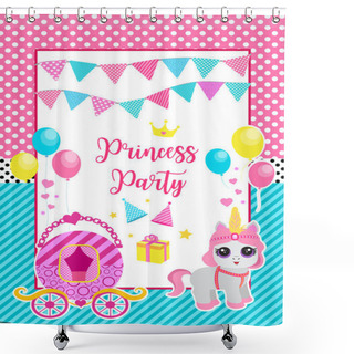Personality  Happy Birthday Greeting Or Invitation Card For A Little Princess In Lol Doll Surprise Style. Template For Your Design Pet Pony And Accessories. Vector Illustration Shower Curtains