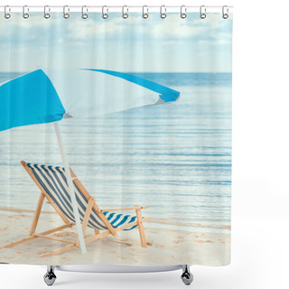 Personality  Blue Sun Umbrella And Beach Chair On Seaside In Summer Shower Curtains