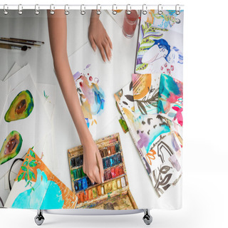 Personality  Selective Focus Of Female Hands Mixing Watercolor Paints Surrounded By Color Pictures Shower Curtains