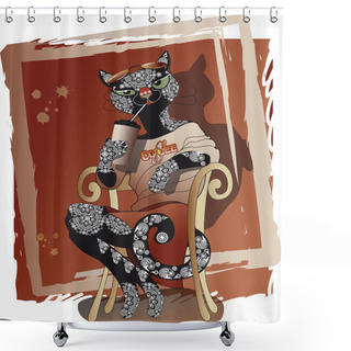 Personality  Elegant Happy Cat Drinking Coffee Sitting On A Chair Shower Curtains