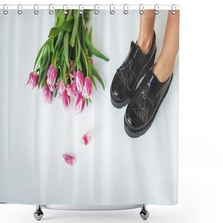 Personality  Fine Trendy Black Leather Brogues On Women Legs With Flowers Shower Curtains