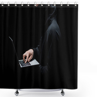 Personality  Cropped View Of Hacker In Hood Using Laptop Isolated On Black  Shower Curtains