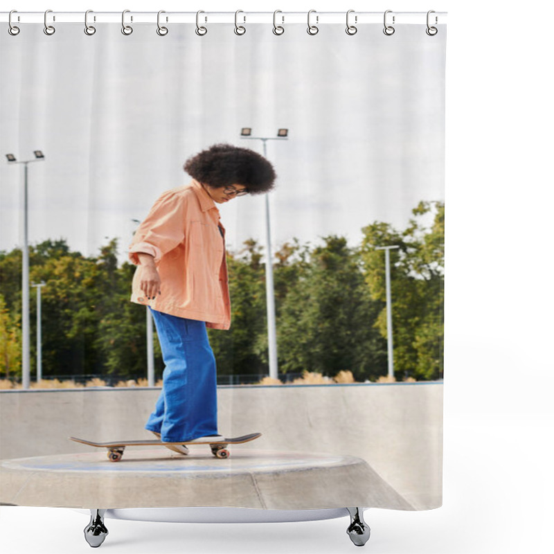 Personality  A Young African American Woman With Curly Hair Skateboarding On A Ramp In A Vibrant Outdoor Skate Park. Shower Curtains