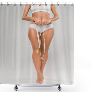 Personality  Cropped View Of Beautiful Slim Woman In Underwear Holding Measuring Tape On Grey Background Shower Curtains