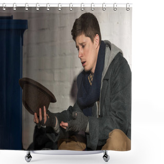 Personality  Homeless Beggar Man Holding Hat White Sitting By White Brick Wall On Street Shower Curtains
