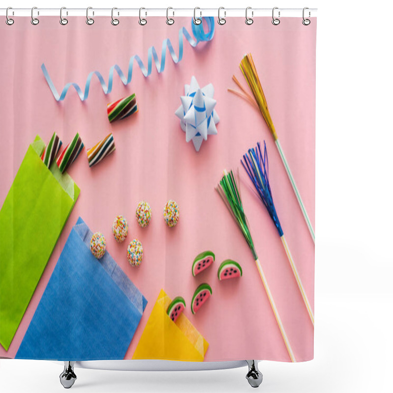 Personality  Top View Of Candies Near Paper Bags And Serpentine On Pink Background  Shower Curtains