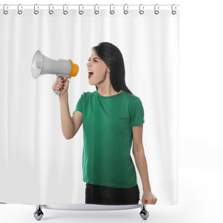 Personality  Portrait Of Emotional Woman Using Megaphone On White Background Shower Curtains