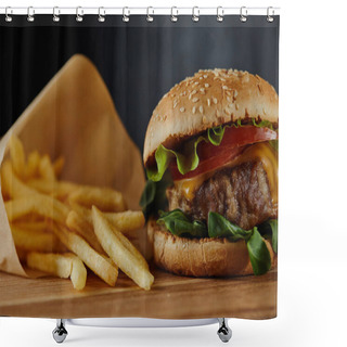 Personality  Delicious Burger With Meat And French Fries On Wooden Surface Shower Curtains