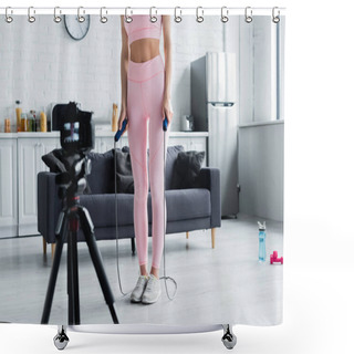 Personality  Cropped View Of Sports Blogger With Jump Rope In Front Of Blurred Digital Camera Shower Curtains