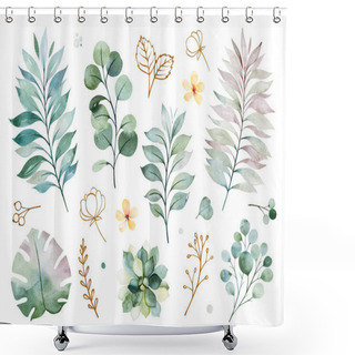 Personality  Beautiful Watercolor Seamless Pattern With Succulent Plants, Fern Leaves, Branches And Flowers Isolated On White Shower Curtains