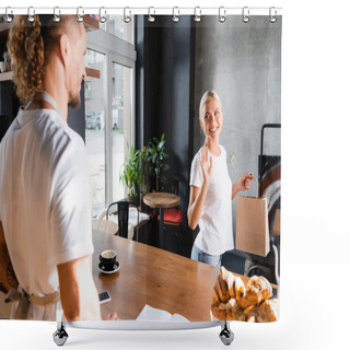 Personality  Cheerful Blonde Woman Holding Paper Bag And Waiving Hand To Barista On Blurred Foreground Shower Curtains