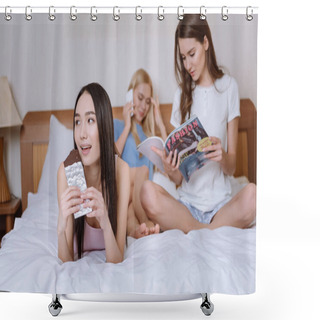 Personality  Three Multicultural Friends Doing Different Things Shower Curtains