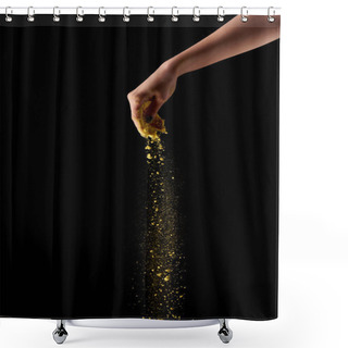 Personality  Cropped View Of Adult Woman Sprinkling Yellow Holi Powder On Black Background Shower Curtains