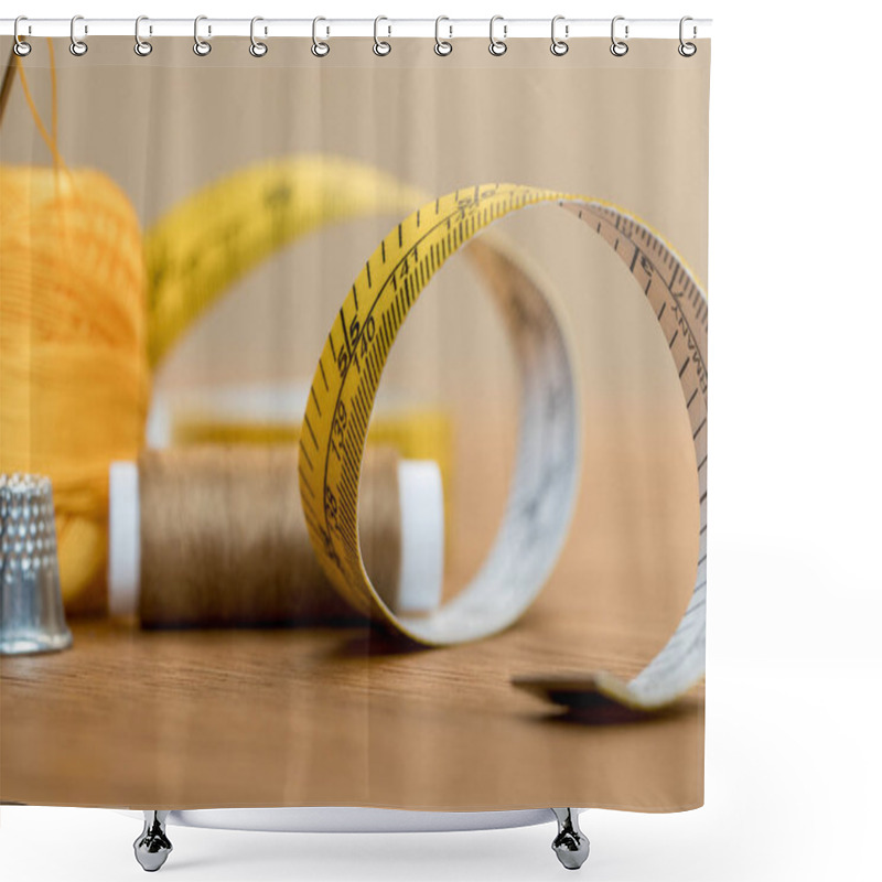 Personality  Selective Focus Of Measuring Tape With Thread Coil On Wooden Table Shower Curtains