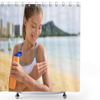 Personality  Fitness Woman Applying Suntan Lotion Shower Curtains