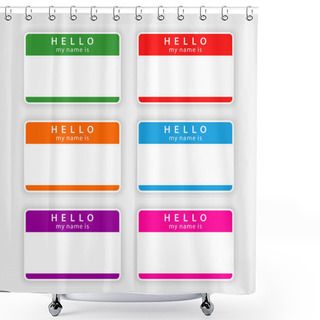 Personality  Badge Name Tag HELLO My Name Is. Colorful Blank Label With Shadow On Gray Background Shower Curtains