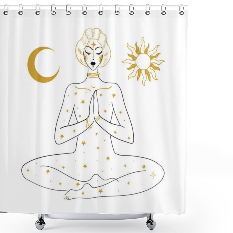 Personality  The woman is meditating, against the background of the sun, the moon and the stars. Linear drawing, concept of peace of mind, relaxation, mental health, esotericism and witchcraft. Vector boho tattoo isolated on white background shower curtains